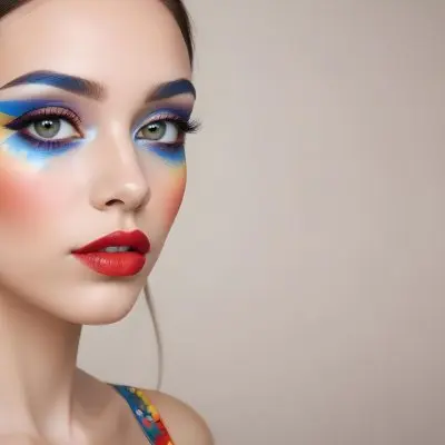 A Young Caucasian Woman With Light Skin And Long Straight Hair Featuring Artistic Makeup With Vibrant Colors Including Red Blue Yellow And Green On Her Eyelids And Around Her Eyes She Has Full Lips And Is Looking T 139 5414