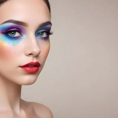A Young Caucasian Woman With Light Skin And Long Straight Hair Featuring Artistic Makeup With Vibrant Colors Including Red Blue Yellow And Green On Her Eyelids And Around Her Eyes She Has Full Lips And Is Looking T 141 Cc81