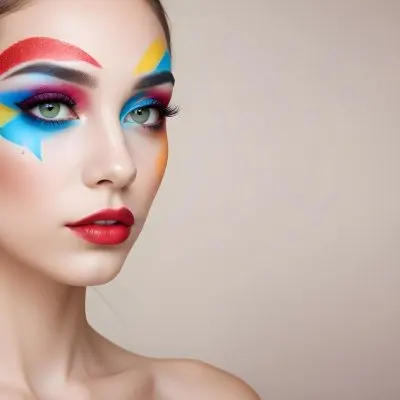 A Young Caucasian Woman With Light Skin And Long Straight Hair Featuring Artistic Makeup With Vibrant Colors Including Red Blue Yellow And Green On Her Eyelids And Around Her Eyes She Has Full Lips And Is Looking T 142 1011