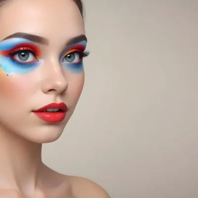 A Young Caucasian Woman With Light Skin And Long Straight Hair Featuring Artistic Makeup With Vibrant Colors Including Red Blue Yellow And Green On Her Eyelids And Around Her Eyes She Has Full Lips And Is Looking T 16 3bbb