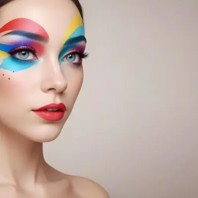 A Young Caucasian Woman With Light Skin And Long Straight Hair Featuring Artistic Makeup With Vibrant Colors Including Red Blue Yellow And Green On Her Eyelids And Around Her Eyes She Has Full Lips And Is Looking T 18 4b84