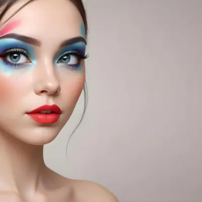 A Young Caucasian Woman With Light Skin And Long Straight Hair Featuring Artistic Makeup With Vibrant Colors Including Red Blue Yellow And Green On Her Eyelids And Around Her Eyes She Has Full Lips And Is Looking T 20 8b7e