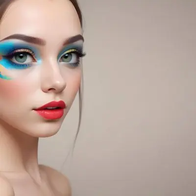 A Young Caucasian Woman With Light Skin And Long Straight Hair Featuring Artistic Makeup With Vibrant Colors Including Red Blue Yellow And Green On Her Eyelids And Around Her Eyes She Has Full Lips And Is Looking T 22 B147