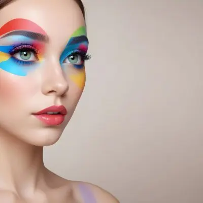 A Young Caucasian Woman With Light Skin And Long Straight Hair Featuring Artistic Makeup With Vibrant Colors Including Red Blue Yellow And Green On Her Eyelids And Around Her Eyes She Has Full Lips And Is Looking T 25 A293