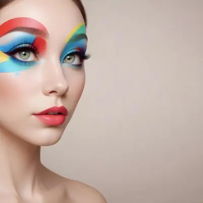 A Young Caucasian Woman With Light Skin And Long Straight Hair Featuring Artistic Makeup With Vibrant Colors Including Red Blue Yellow And Green On Her Eyelids And Around Her Eyes She Has Full Lips And Is Looking T 26 5fe7