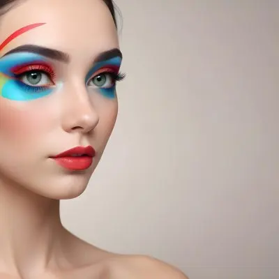 A Young Caucasian Woman With Light Skin And Long Straight Hair Featuring Artistic Makeup With Vibrant Colors Including Red Blue Yellow And Green On Her Eyelids And Around Her Eyes She Has Full Lips And Is Looking T 28 300c