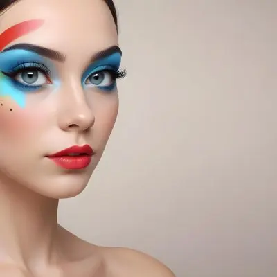A Young Caucasian Woman With Light Skin And Long Straight Hair Featuring Artistic Makeup With Vibrant Colors Including Red Blue Yellow And Green On Her Eyelids And Around Her Eyes She Has Full Lips And Is Looking T 29 82ad