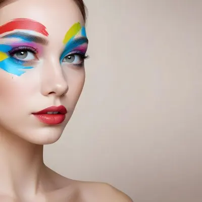A Young Caucasian Woman With Light Skin And Long Straight Hair Featuring Artistic Makeup With Vibrant Colors Including Red Blue Yellow And Green On Her Eyelids And Around Her Eyes She Has Full Lips And Is Looking T 34 51c0