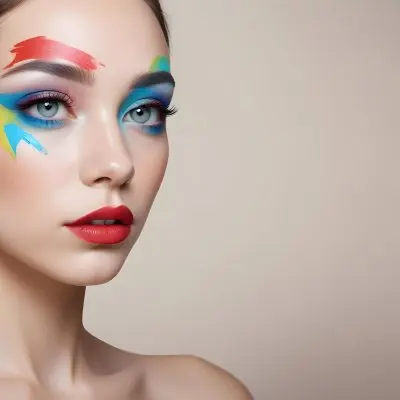A Young Caucasian Woman With Light Skin And Long Straight Hair Featuring Artistic Makeup With Vibrant Colors Including Red Blue Yellow And Green On Her Eyelids And Around Her Eyes She Has Full Lips And Is Looking T 36 7d97