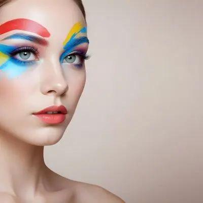 A Young Caucasian Woman With Light Skin And Long Straight Hair Featuring Artistic Makeup With Vibrant Colors Including Red Blue Yellow And Green On Her Eyelids And Around Her Eyes She Has Full Lips And Is Looking T 41 Ec3d
