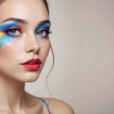 A Young Caucasian Woman With Light Skin And Long Straight Hair Featuring Artistic Makeup With Vibrant Colors Including Red Blue Yellow And Green On Her Eyelids And Around Her Eyes She Has Full Lips And Is Looking T 43 0d09