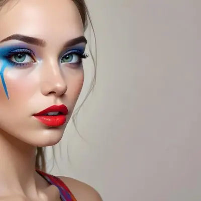 A Young Caucasian Woman With Light Skin And Long Straight Hair Featuring Artistic Makeup With Vibrant Colors Including Red Blue Yellow And Green On Her Eyelids And Around Her Eyes She Has Full Lips And Is Looking T 45 C6d3
