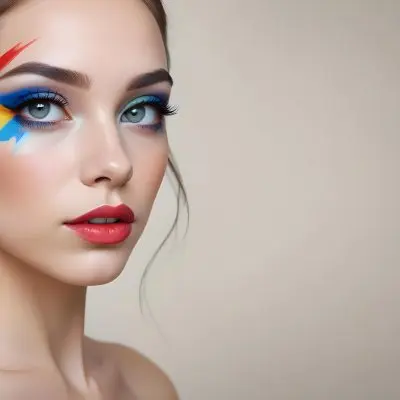 A Young Caucasian Woman With Light Skin And Long Straight Hair Featuring Artistic Makeup With Vibrant Colors Including Red Blue Yellow And Green On Her Eyelids And Around Her Eyes She Has Full Lips And Is Looking T 48 703c