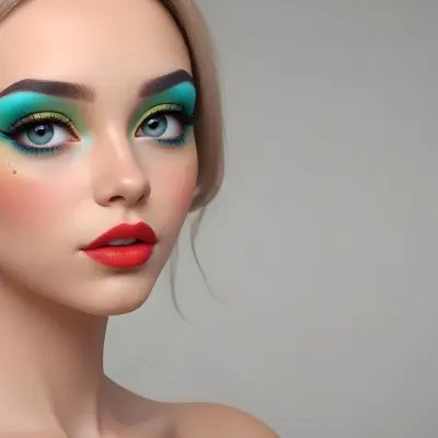 A Young Caucasian Woman With Light Skin And Long Straight Hair Featuring Artistic Makeup With Vibrant Colors Including Red Blue Yellow And Green On Her Eyelids And Around Her Eyes She Has Full Lips And Is Looking T 5 F797