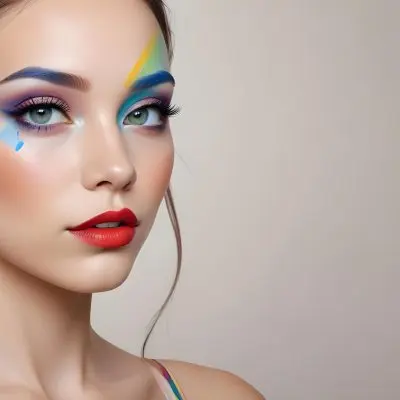 A Young Caucasian Woman With Light Skin And Long Straight Hair Featuring Artistic Makeup With Vibrant Colors Including Red Blue Yellow And Green On Her Eyelids And Around Her Eyes She Has Full Lips And Is Looking T 50 5173