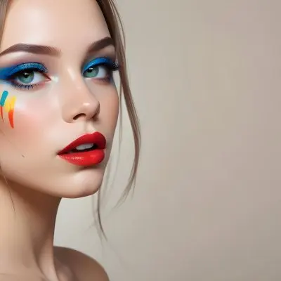 A Young Caucasian Woman With Light Skin And Long Straight Hair Featuring Artistic Makeup With Vibrant Colors Including Red Blue Yellow And Green On Her Eyelids And Around Her Eyes She Has Full Lips And Is Looking T 52 4ecc