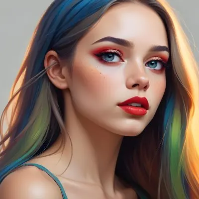 A Young Caucasian Woman With Light Skin And Long Straight Hair Featuring Artistic Makeup With Vibrant Colors Including Red Blue Yellow And Green On Her Eyelids And Around Her Eyes She Has Full Lips And Is Looking T 54 B343