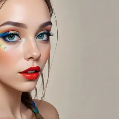 A Young Caucasian Woman With Light Skin And Long Straight Hair Featuring Artistic Makeup With Vibrant Colors Including Red Blue Yellow And Green On Her Eyelids And Around Her Eyes She Has Full Lips And Is Looking T 55 A242