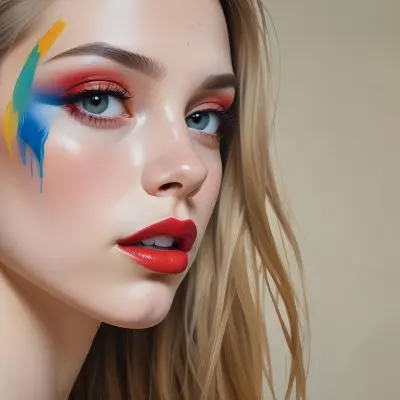 A Young Caucasian Woman With Light Skin And Long Straight Hair Featuring Artistic Makeup With Vibrant Colors Including Red Blue Yellow And Green On Her Eyelids And Around Her Eyes She Has Full Lips And Is Looking T 59 9980