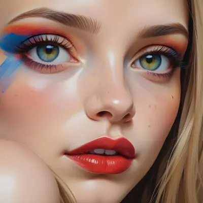 A Young Caucasian Woman With Light Skin And Long Straight Hair Featuring Artistic Makeup With Vibrant Colors Including Red Blue Yellow And Green On Her Eyelids And Around Her Eyes She Has Full Lips And Is Looking T 64 E940