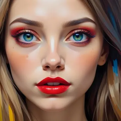 A Young Caucasian Woman With Light Skin And Long Straight Hair Featuring Artistic Makeup With Vibrant Colors Including Red Blue Yellow And Green On Her Eyelids And Around Her Eyes She Has Full Lips And Is Looking T 65 Ace6