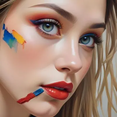 A Young Caucasian Woman With Light Skin And Long Straight Hair Featuring Artistic Makeup With Vibrant Colors Including Red Blue Yellow And Green On Her Eyelids And Around Her Eyes She Has Full Lips And Is Looking T 66 9c1c