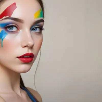 A Young Caucasian Woman With Light Skin And Long Straight Hair Featuring Artistic Makeup With Vibrant Colors Including Red Blue Yellow And Green On Her Eyelids And Around Her Eyes She Has Full Lips And Is Looking T 68 9602
