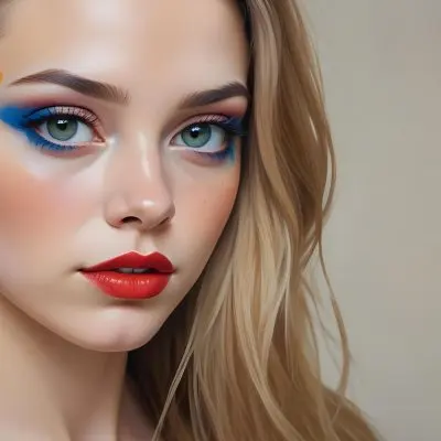 A Young Caucasian Woman With Light Skin And Long Straight Hair Featuring Artistic Makeup With Vibrant Colors Including Red Blue Yellow And Green On Her Eyelids And Around Her Eyes She Has Full Lips And Is Looking T 69 8667