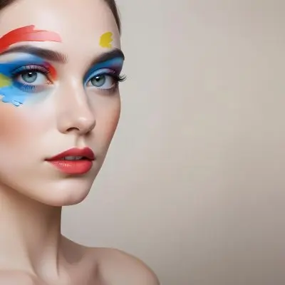 A Young Caucasian Woman With Light Skin And Long Straight Hair Featuring Artistic Makeup With Vibrant Colors Including Red Blue Yellow And Green On Her Eyelids And Around Her Eyes She Has Full Lips And Is Looking T 73 056b