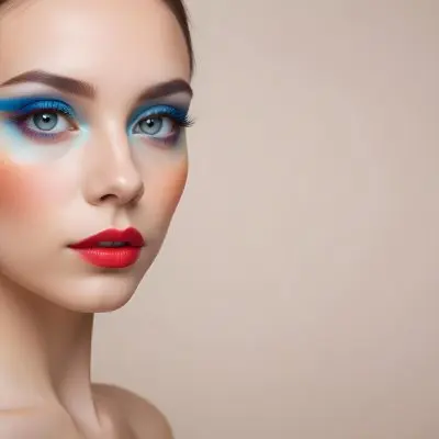 A Young Caucasian Woman With Light Skin And Long Straight Hair Featuring Artistic Makeup With Vibrant Colors Including Red Blue Yellow And Green On Her Eyelids And Around Her Eyes She Has Full Lips And Is Looking T 74 4581