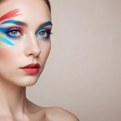 A Young Caucasian Woman With Light Skin And Long Straight Hair Featuring Artistic Makeup With Vibrant Colors Including Red Blue Yellow And Green On Her Eyelids And Around Her Eyes She Has Full Lips And Is Looking T 78 B899