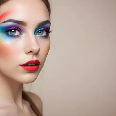 A Young Caucasian Woman With Light Skin And Long Straight Hair Featuring Artistic Makeup With Vibrant Colors Including Red Blue Yellow And Green On Her Eyelids And Around Her Eyes She Has Full Lips And Is Looking T 80 6e60
