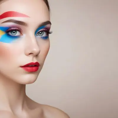 A Young Caucasian Woman With Light Skin And Long Straight Hair Featuring Artistic Makeup With Vibrant Colors Including Red Blue Yellow And Green On Her Eyelids And Around Her Eyes She Has Full Lips And Is Looking T 81 Cc95