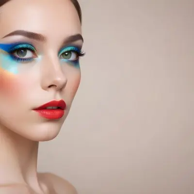 A Young Caucasian Woman With Light Skin And Long Straight Hair Featuring Artistic Makeup With Vibrant Colors Including Red Blue Yellow And Green On Her Eyelids And Around Her Eyes She Has Full Lips And Is Looking T 82 De30