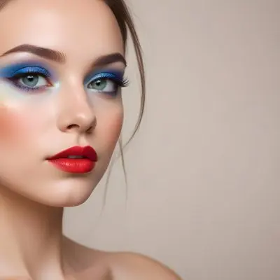 A Young Caucasian Woman With Light Skin And Long Straight Hair Featuring Artistic Makeup With Vibrant Colors Including Red Blue Yellow And Green On Her Eyelids And Around Her Eyes She Has Full Lips And Is Looking T 83 37f9