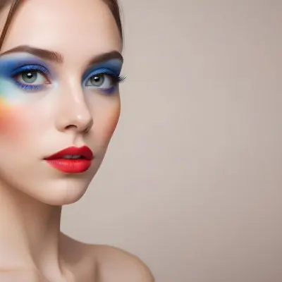 A Young Caucasian Woman With Light Skin And Long Straight Hair Featuring Artistic Makeup With Vibrant Colors Including Red Blue Yellow And Green On Her Eyelids And Around Her Eyes She Has Full Lips And Is Looking T 85 83a1