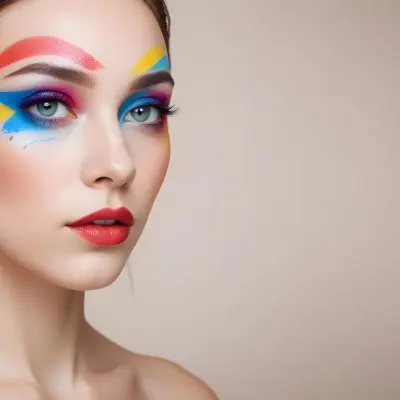 A Young Caucasian Woman With Light Skin And Long Straight Hair Featuring Artistic Makeup With Vibrant Colors Including Red Blue Yellow And Green On Her Eyelids And Around Her Eyes She Has Full Lips And Is Looking T 87 085d