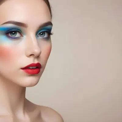 A Young Caucasian Woman With Light Skin And Long Straight Hair Featuring Artistic Makeup With Vibrant Colors Including Red Blue Yellow And Green On Her Eyelids And Around Her Eyes She Has Full Lips And Is Looking T 89 E77a
