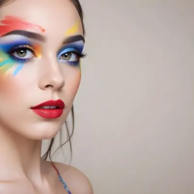 A Young Caucasian Woman With Light Skin And Long Straight Hair Featuring Artistic Makeup With Vibrant Colors Including Red Blue Yellow And Green On Her Eyelids And Around Her Eyes She Has Full Lips And Is Looking T 92 F816