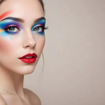 A Young Caucasian Woman With Light Skin And Long Straight Hair Featuring Artistic Makeup With Vibrant Colors Including Red Blue Yellow And Green On Her Eyelids And Around Her Eyes She Has Full Lips And Is Looking T 93 3e91