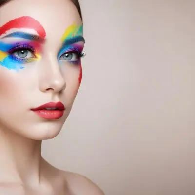 A Young Caucasian Woman With Light Skin And Long Straight Hair Featuring Artistic Makeup With Vibrant Colors Including Red Blue Yellow And Green On Her Eyelids And Around Her Eyes She Has Full Lips And Is Looking T 94 4710