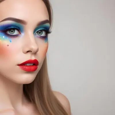 A Young Caucasian Woman With Light Skin And Long Straight Hair Featuring Artistic Makeup With Vibrant Colors Including Red Blue Yellow And Green On Her Eyelids And Around Her Eyes She Has Full Lips And Is Looking T 98 Fe54