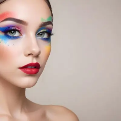 A Young Caucasian Woman With Light Skin And Long Straight Hair Featuring Artistic Makeup With Vibrant Colors Including Red Blue Yellow And Green On Her Eyelids And Around Her Eyes She Has Full Lips And Is Looking T 99 92ef