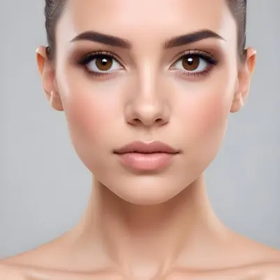 A Young Caucasian Woman With Light Skin Brown Eyes And Dark Hair Styled In A Sleek Updo She Has Natural Looking Makeup With A Subtle Smokey Eye And Nude Lip The Background Is Plain And Neutral Allowing T 11 0c87