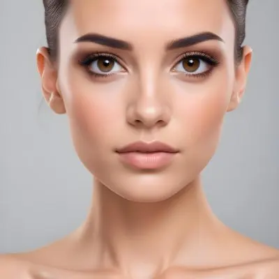 A Young Caucasian Woman With Light Skin Brown Eyes And Dark Hair Styled In A Sleek Updo She Has Natural Looking Makeup With A Subtle Smokey Eye And Nude Lip The Background Is Plain And Neutral Allowing T 3 Bed6