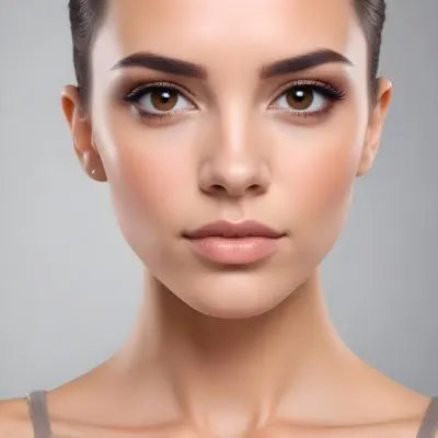 A Young Caucasian Woman With Light Skin Brown Eyes And Dark Hair Styled In A Sleek Updo She Has Natural Looking Makeup With A Subtle Smokey Eye And Nude Lip The Background Is Plain And Neutral Allowing T 5 0e00