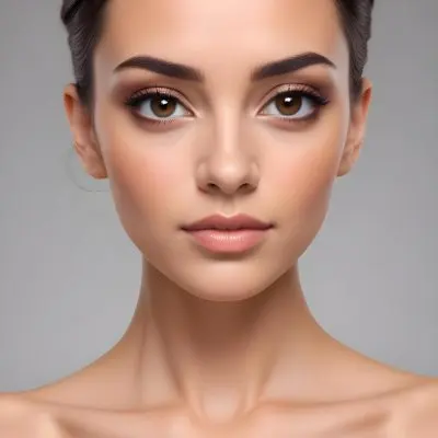 A Young Caucasian Woman With Light Skin Brown Eyes And Dark Hair Styled In A Sleek Updo She Has Natural Looking Makeup With A Subtle Smokey Eye And Nude Lip The Background Is Plain And Neutral Allowing T 6 Ce7d