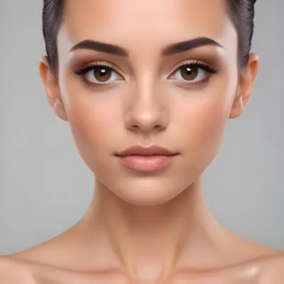 A Young Caucasian Woman With Light Skin Brown Eyes And Dark Hair Styled In A Sleek Updo She Has Natural Looking Makeup With A Subtle Smokey Eye And Nude Lip The Background Is Plain And Neutral Allowing T 7 0f0c