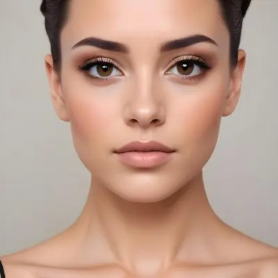 A Young Caucasian Woman With Light Skin Brown Eyes And Dark Hair Styled In A Sleek Updo She Has Natural Looking Makeup With A Subtle Smokey Eye And Nude Lip The Background Is Plain And Neutral Allowing T 8 1f6f
