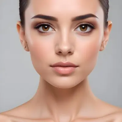 A Young Caucasian Woman With Light Skin Brown Eyes And Dark Hair Styled In A Sleek Updo She Has Natural Looking Makeup With A Subtle Smokey Eye And Nude Lip The Background Is Plain And Neutral Allowing T 9 686a